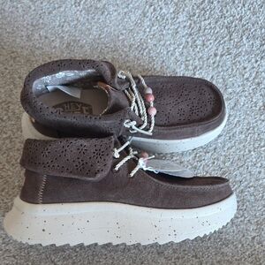 Hey Dude Wendy Peak Fold Ankle Boot Suede Brown  with Pink Accents